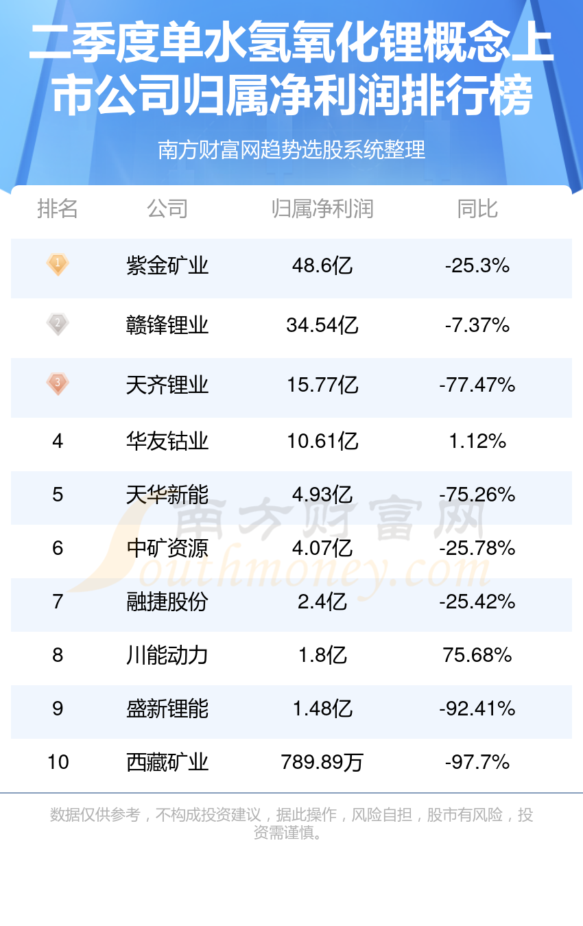 单水氢氧化锂十强公司是哪几家_2023年第二季度概念上市公司净利润排行榜