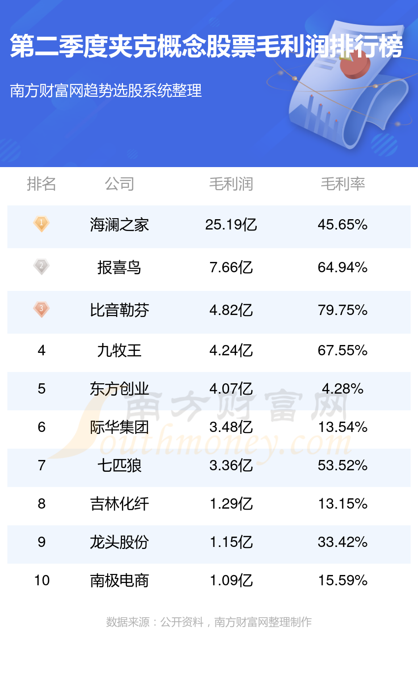 夹克行业前十名_2023年第二季度概念股票毛利润排行榜